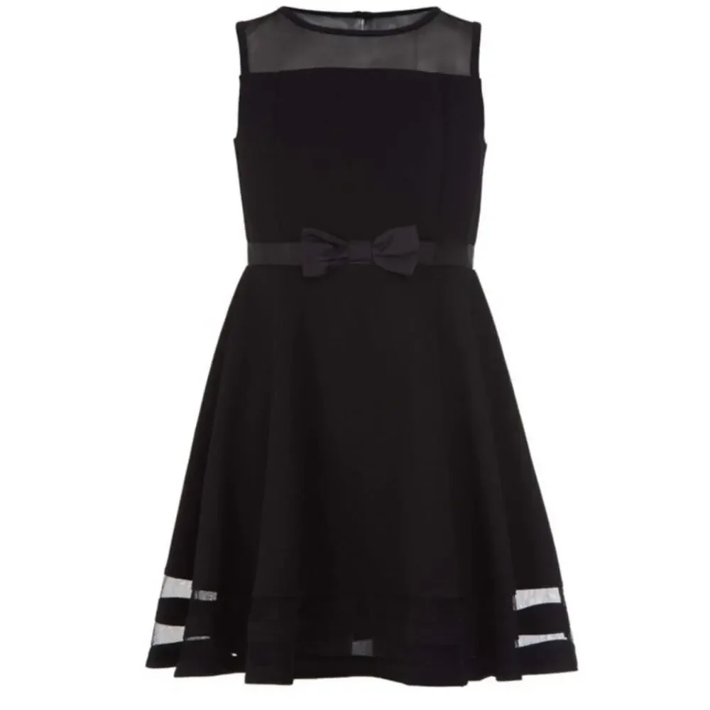 Calvin Klein Black Fit &‎ Flare Dress Sheer Mesh Bow Detail Size 14 NEW~NWT